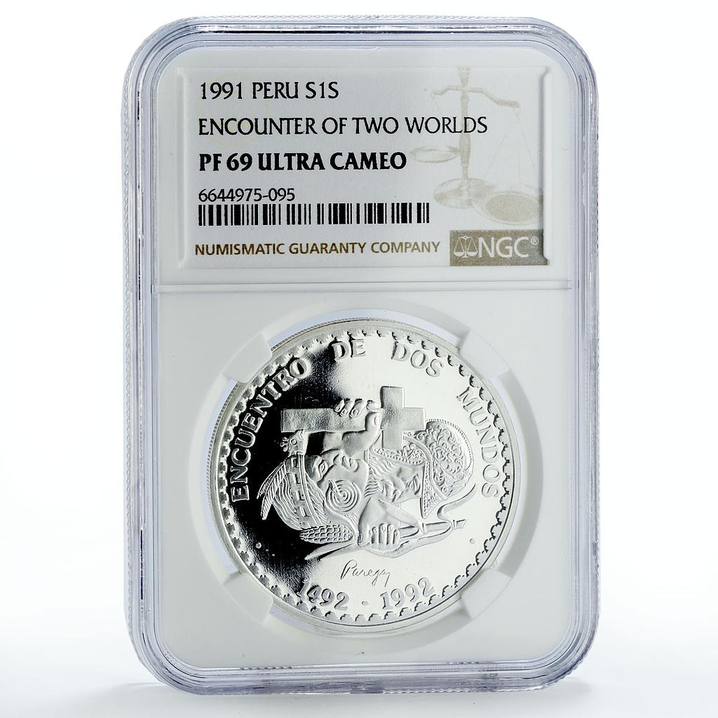 Peru 1 sol Two Worlds Encounter Conquistador Indian PF69 NGC silver coin 1991