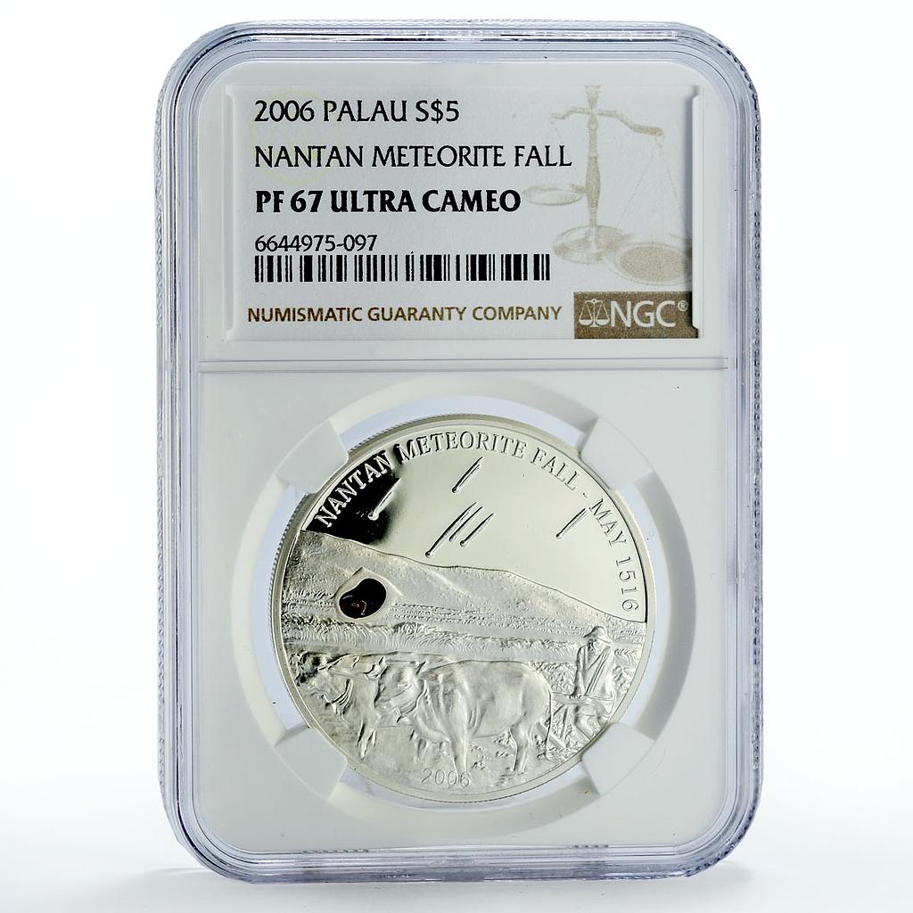 Palau 5 dollars Meteorites Fall Nantan Bulls Space PF67 NGC silver coin 2006
