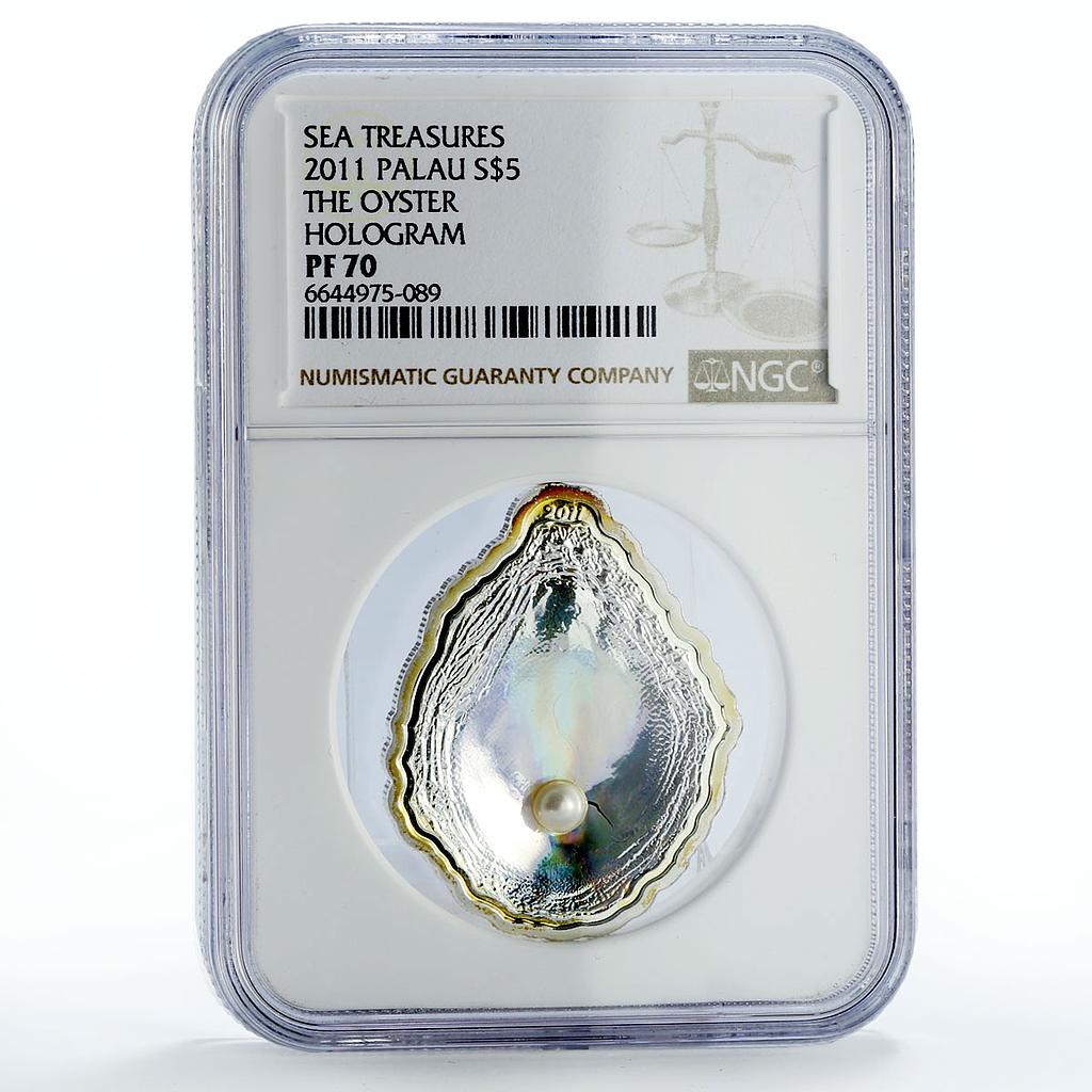 Palau 5 dollars Sea Treasures Marine Life Oyster Pearl PF70 NGC silver coin 2011