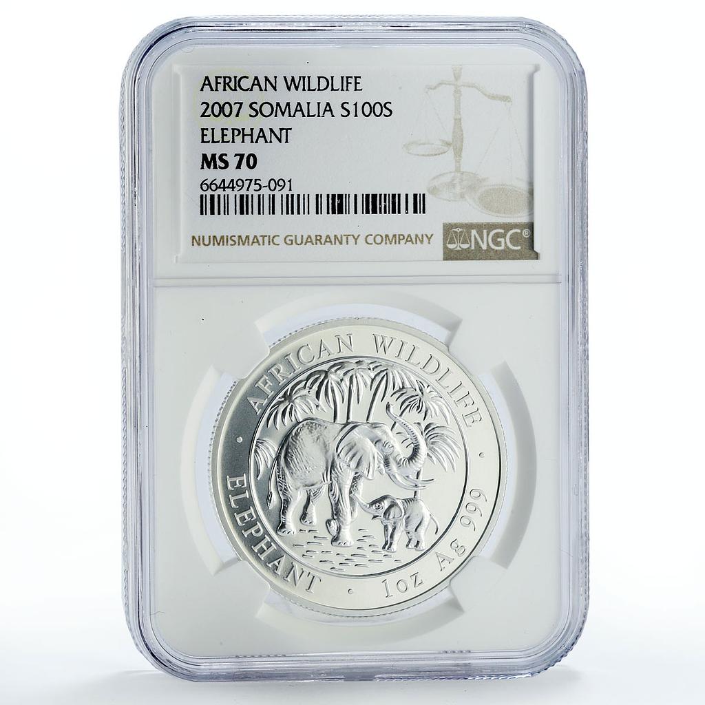 Somalia 100 shillings African Wildlife Elephant Fauna MS70 NGC silver coin 2007