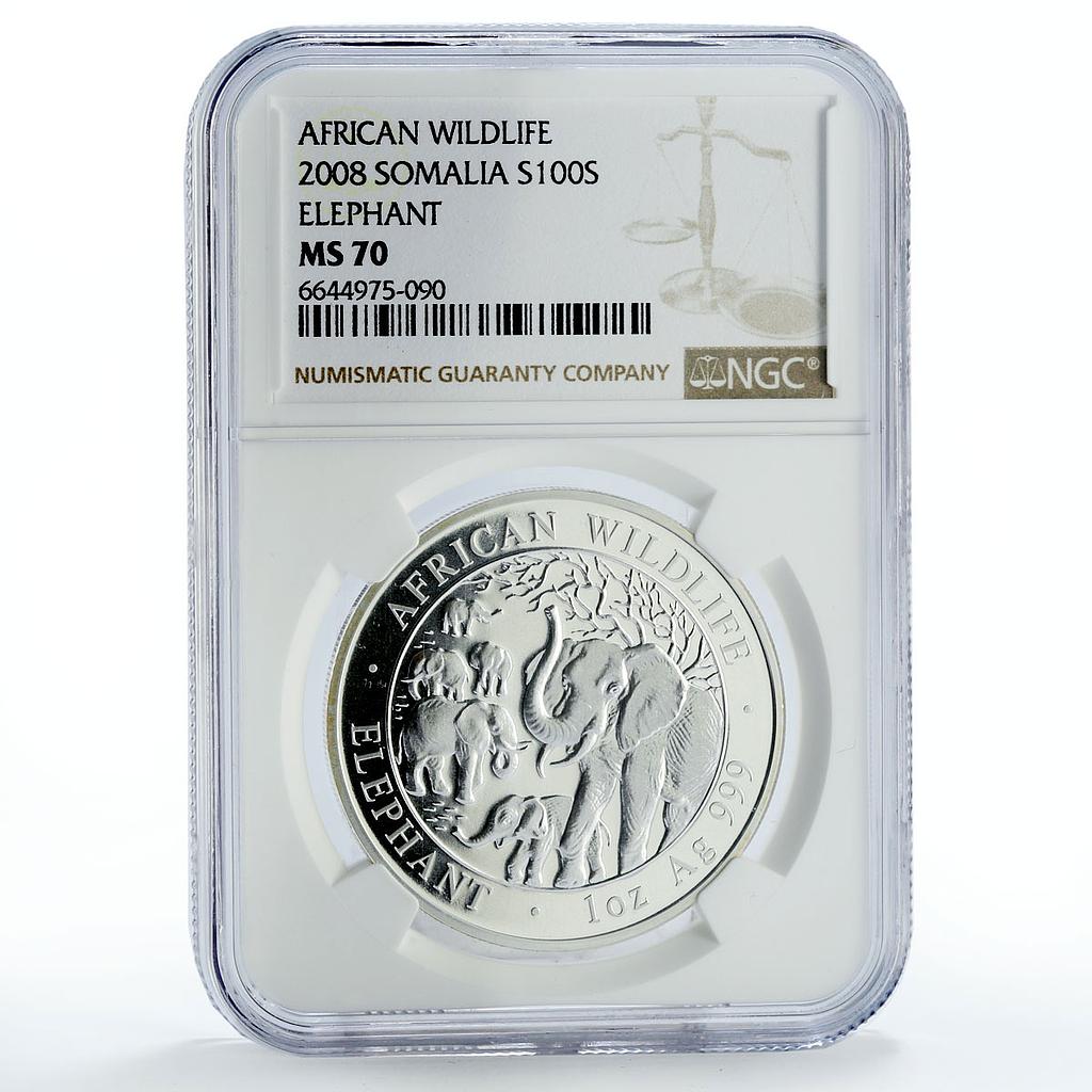 Somalia 100 shillings African Wildlife Elephant Fauna MS70 NGC silver coin 2008