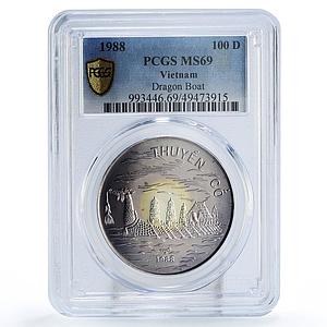 Vietnam 100 dong Seafaring Dragon Boat Ship Large MS69 PCGS silver coin 1988
