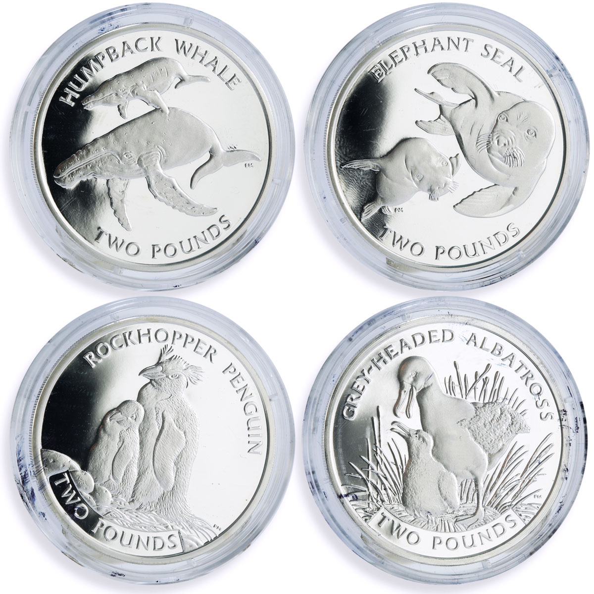 Sandwich Islands 2 pounds x 4 Set Albatross Penguin Seal Whale silver coins 2006