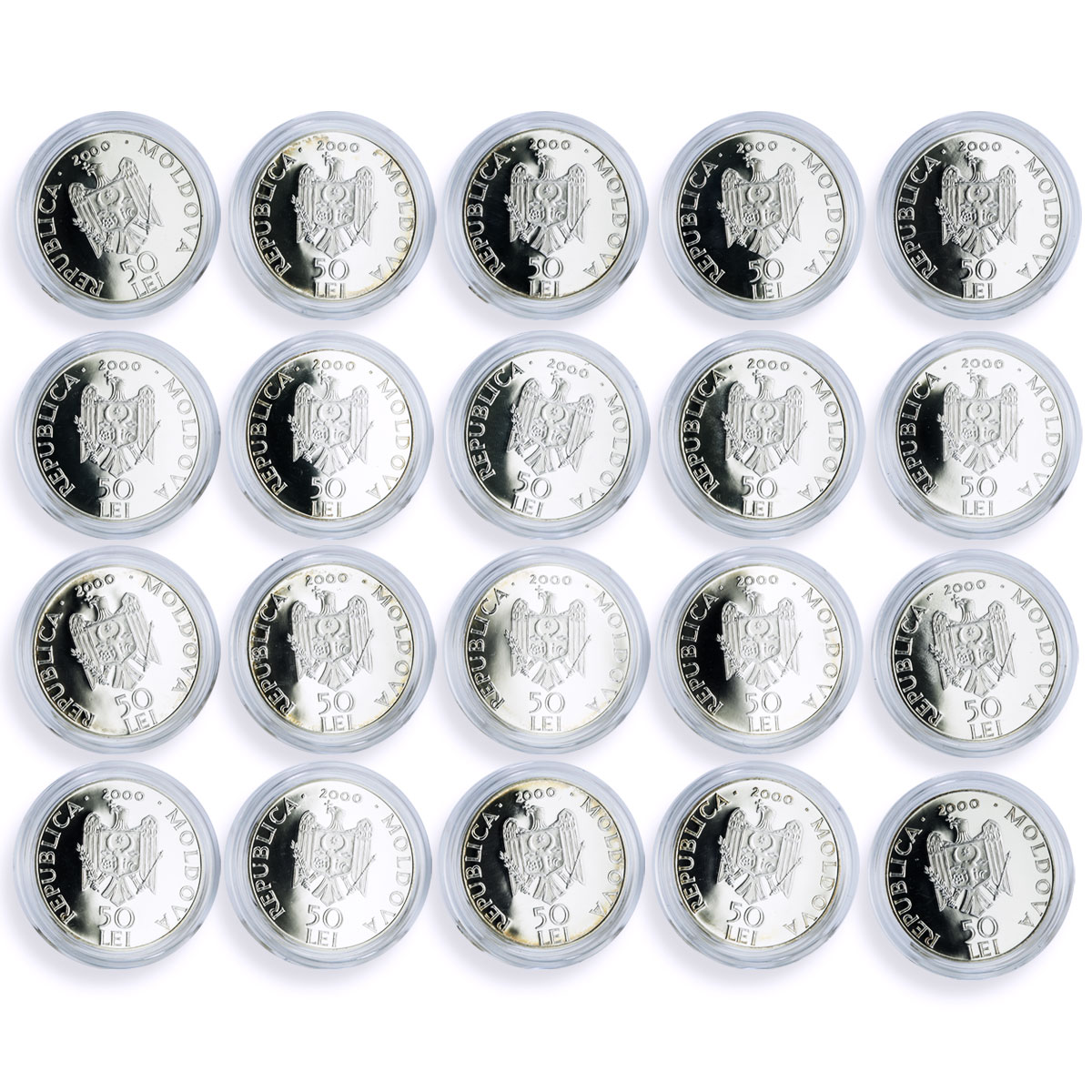 Moldova 50 lei x 20 Set Monasteries Churches Cathedrals proof silver coins 2000