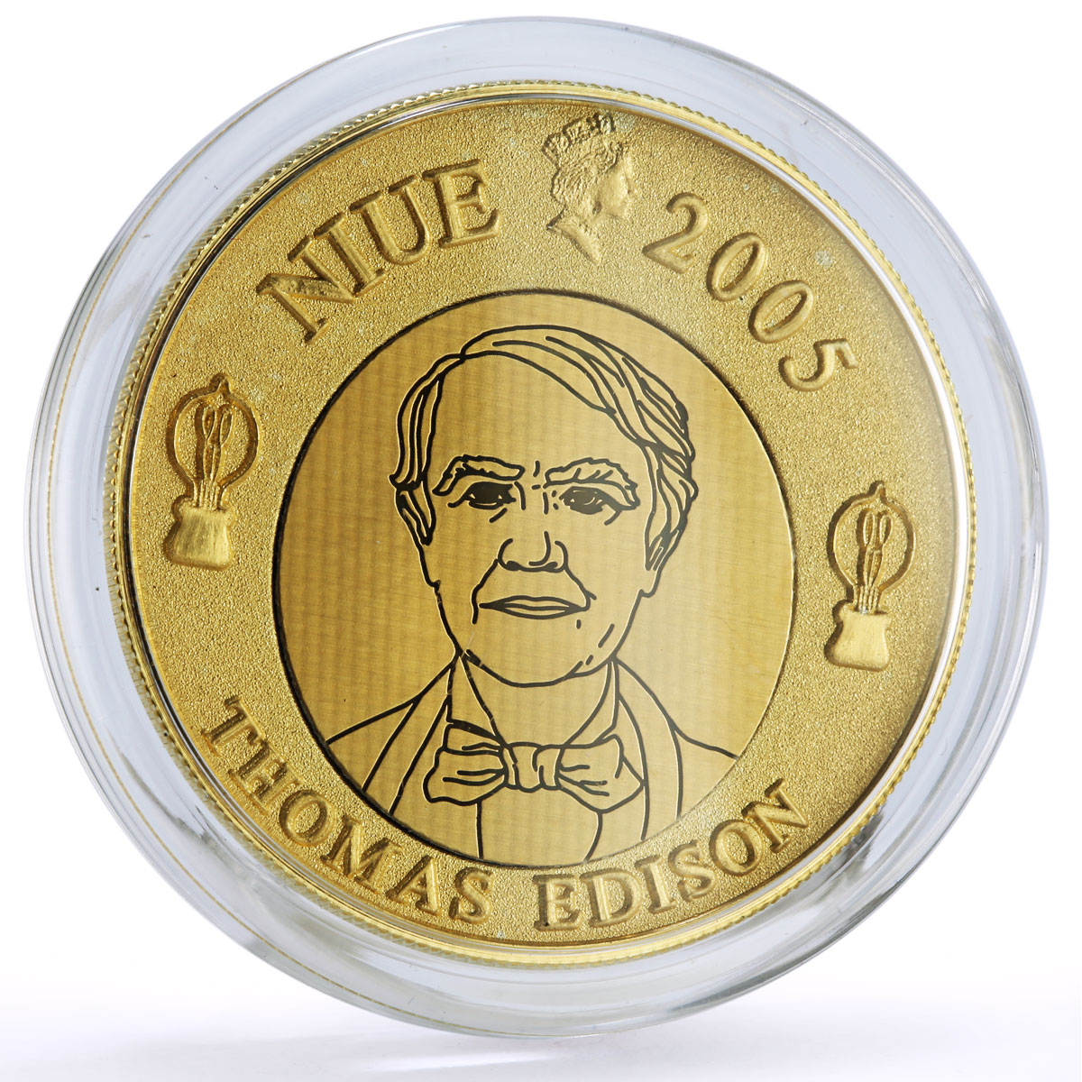 Niue 1 dollar Thomas Edison Light Bulb Inventions Science Gilt silver coin 2005