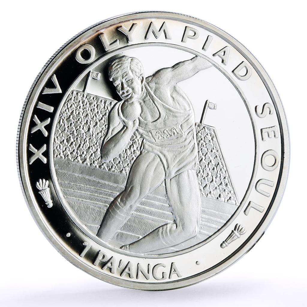 Tonga 1 paanga Seoul Summer Olympic Games Shot Put proof silver coin 1988