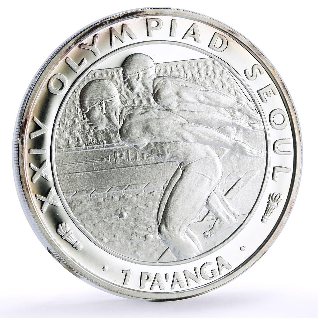 Tonga 1 paanga Seoul Summer Olympic Games Swimming proof silver coin 1988