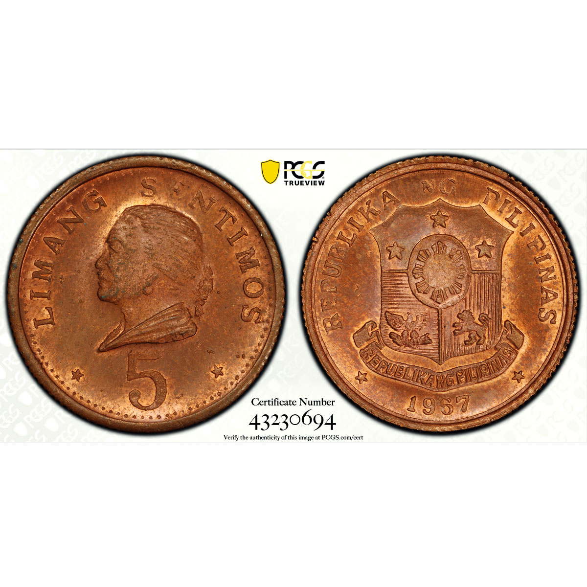 Philippines 5 sentimos Aquino PATTERN TRIAL KM-Pn33 SP64 PCGS copper coin 1967