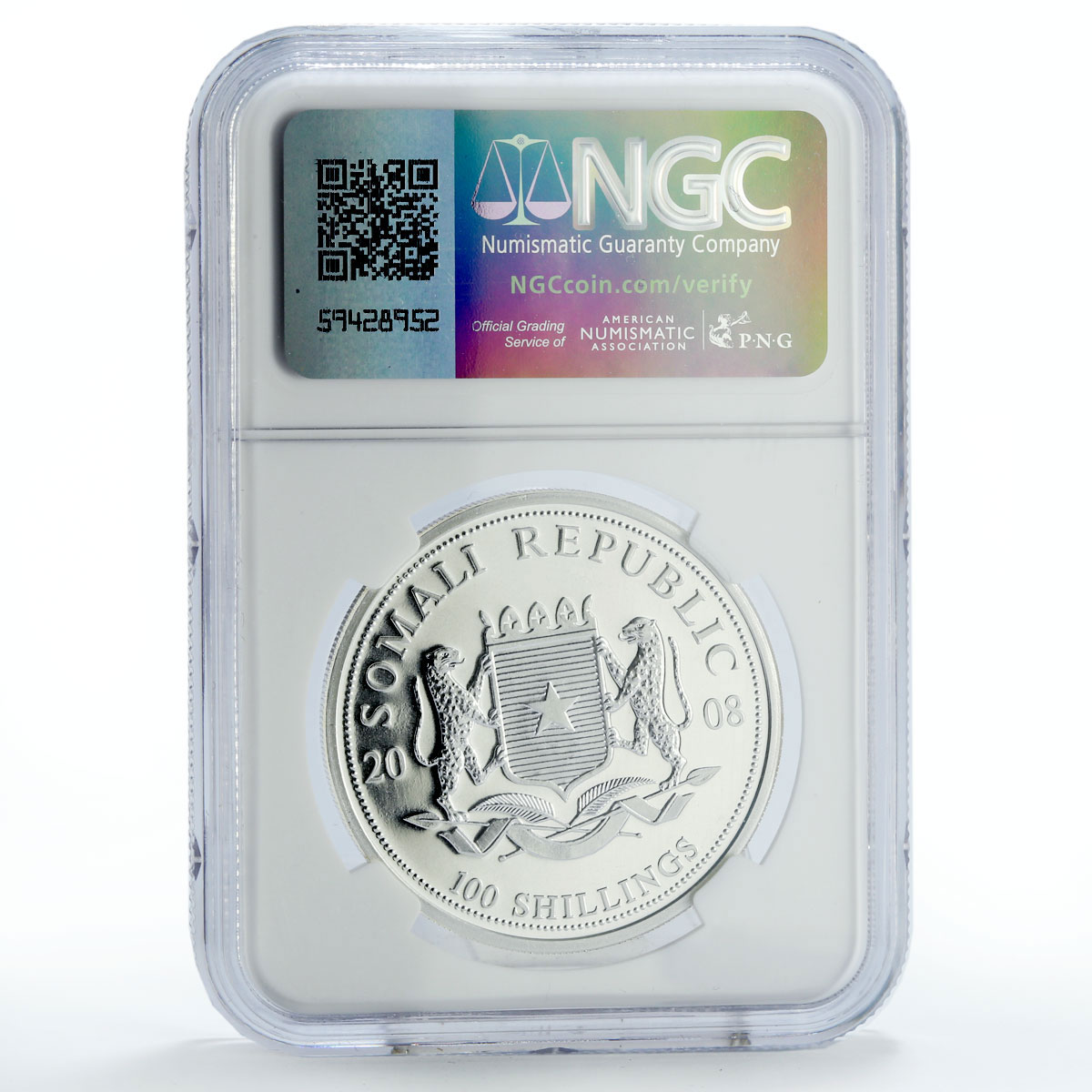Somalia 100 shillings African Wildlife Elephant Fauna MS70 NGC silver coin 2008