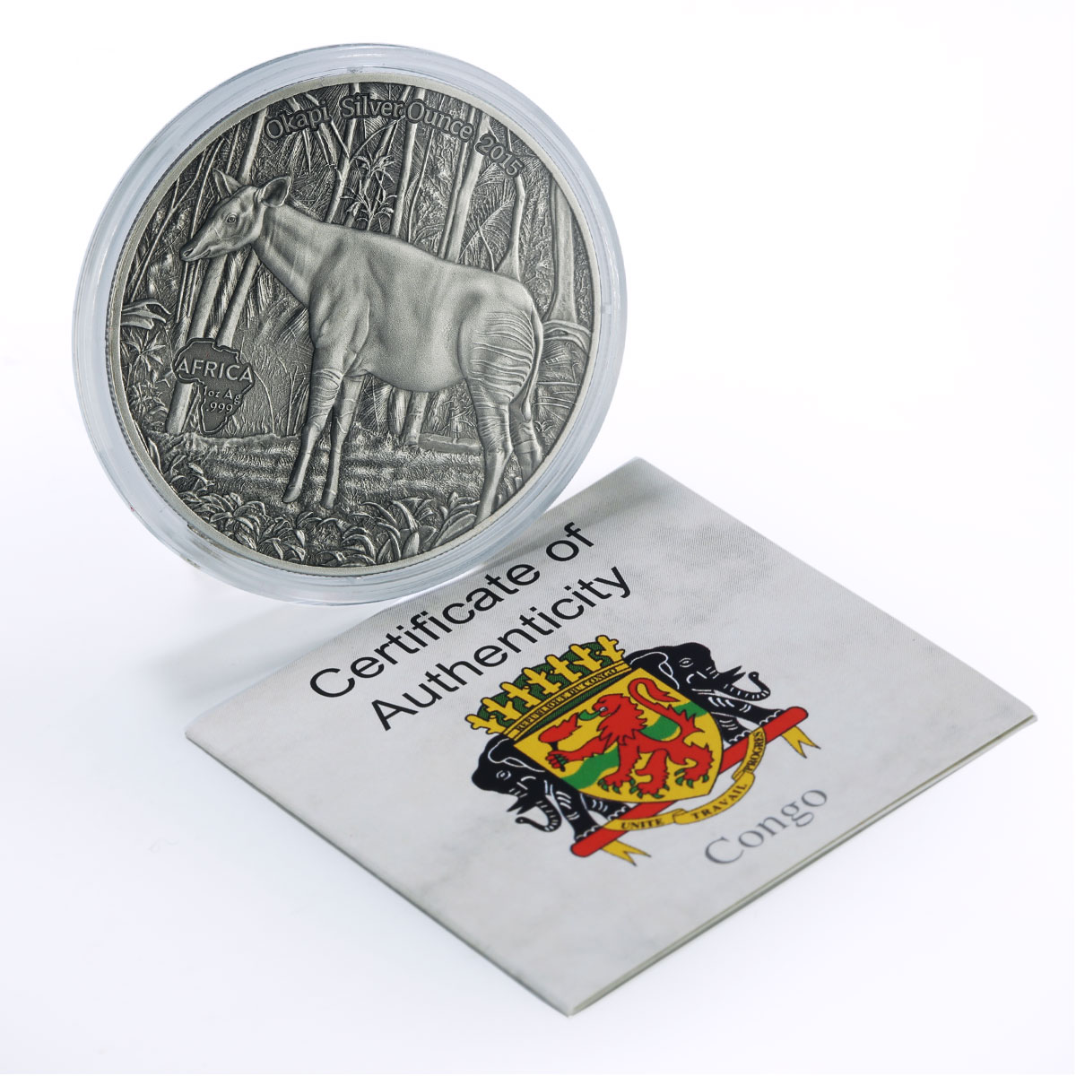 Congo 1000 francs African Ounce Wildlife Okapi Giraffe Fauna silver coin 2015