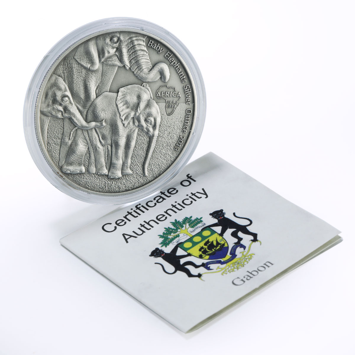Gabon 1000 francs African Ounce Wildlife Baby Elephants Fauna silver coin 2013
