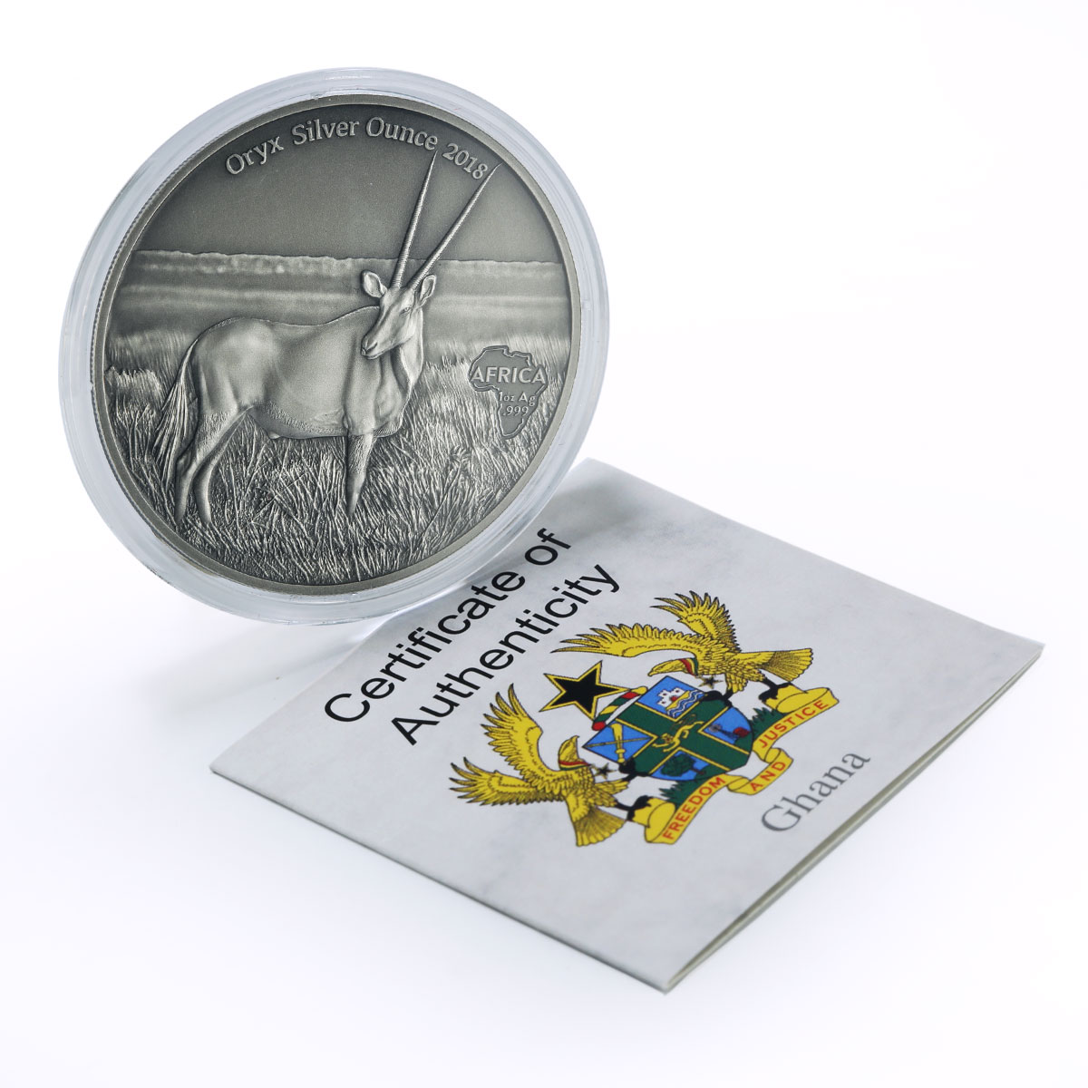 Ghana 5 cedis African Ounce Wildlife Oryx Gazelle Fauna silver coin 2018