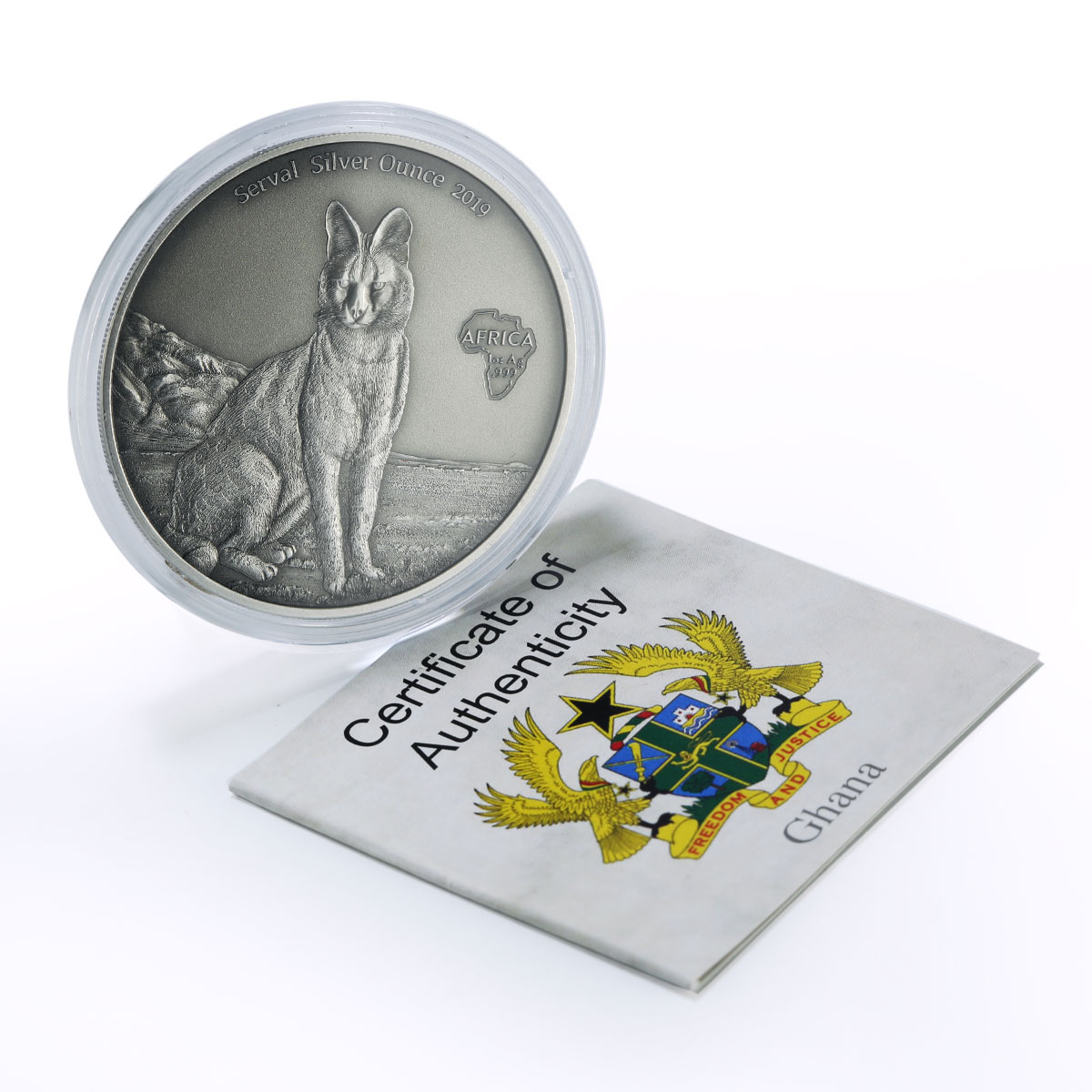 Ghana 5 cedis African Ounce Wildlife Serval Caracal Cat Fauna silver coin 2019
