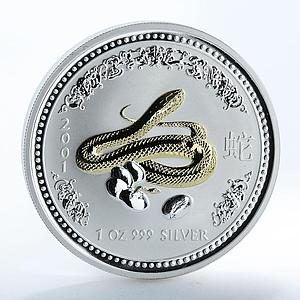 Australia 1 dollar Lunar Calendar I Year of the Snake gilded silver coin 2001