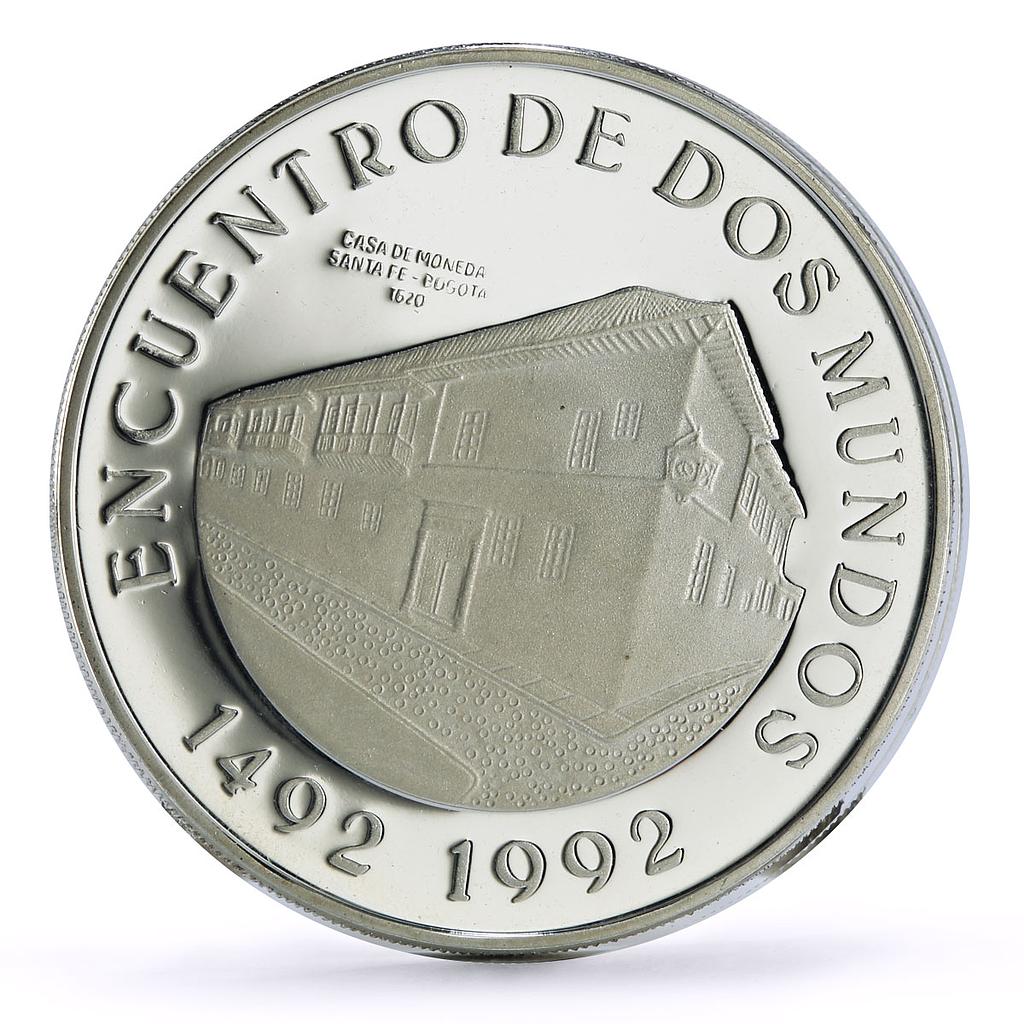 Colombia 10000 pesos Two Worlds Encounter Santa Fe Bogota Mint silver coin 1991 Colombia 10000 pesos Two Worlds Encounter Santa Fe Bogota Mint silver coin 1991
