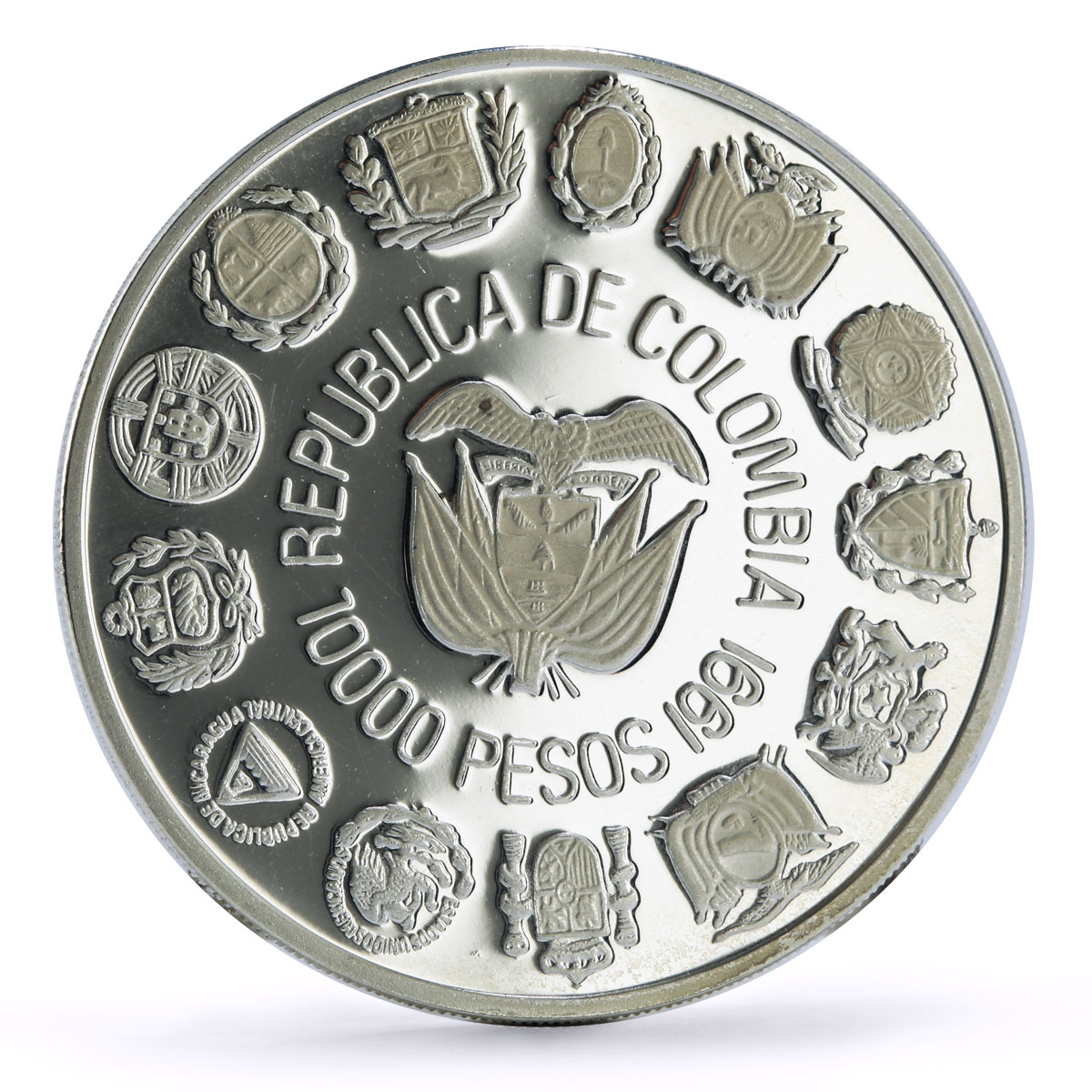 Colombia 10000 pesos Two Worlds Encounter Santa Fe Bogota Mint silver coin 1991 Colombia 10000 pesos Two Worlds Encounter Santa Fe Bogota Mint silver coin 1991