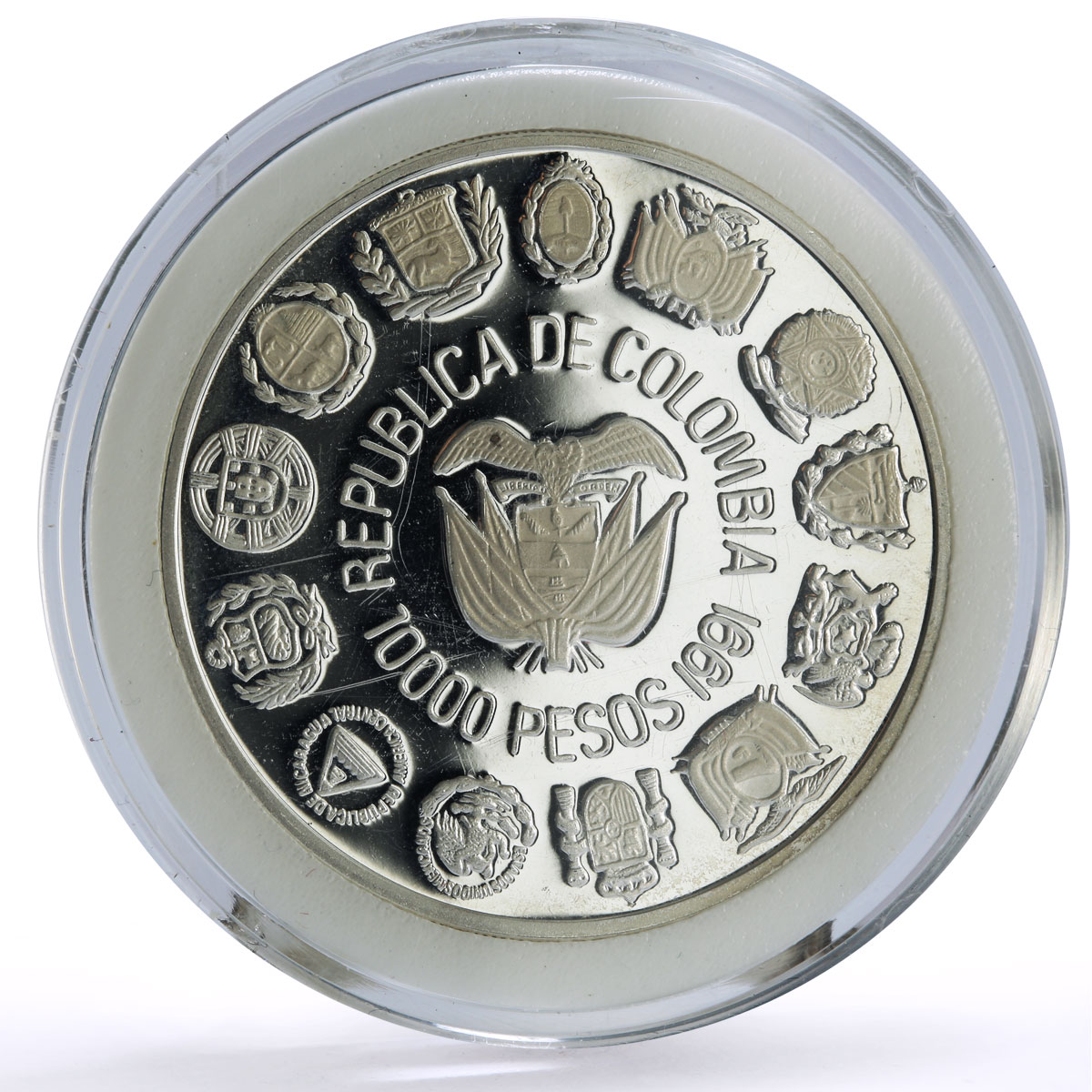 Colombia 10000 pesos Two Worlds Encounter Santa Fe Bogota Mint silver coin 1991 Colombia 10000 pesos Two Worlds Encounter Santa Fe Bogota Mint silver coin 1991