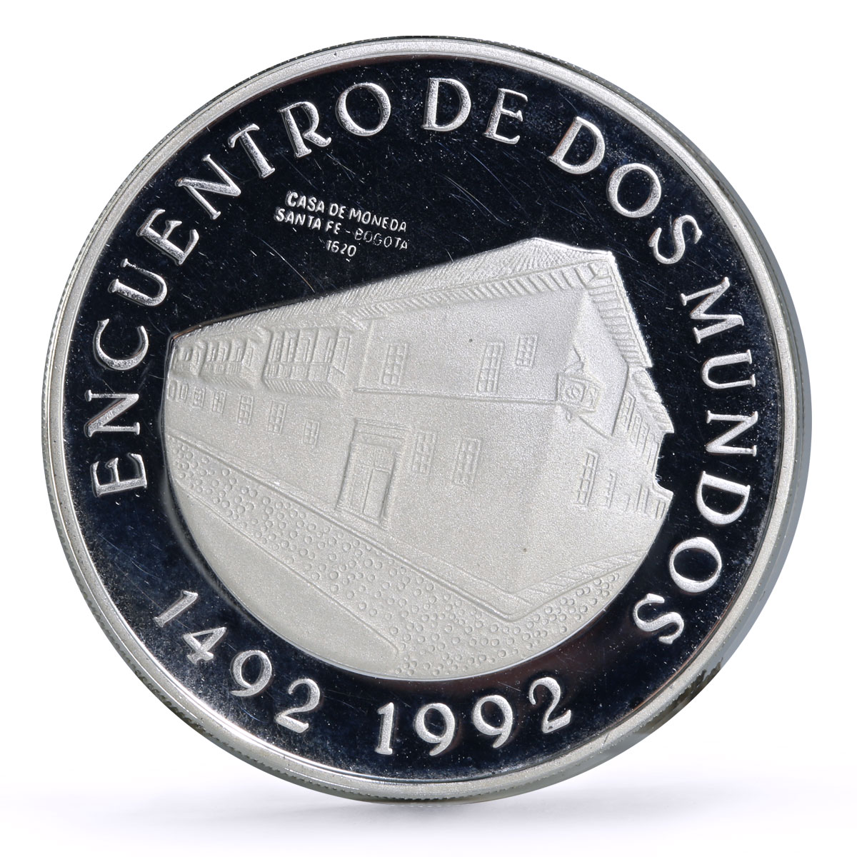 Colombia 10000 pesos Two Worlds Encounter Santa Fe Bogota Mint silver coin 1991 Colombia 10000 pesos Two Worlds Encounter Santa Fe Bogota Mint silver coin 1991