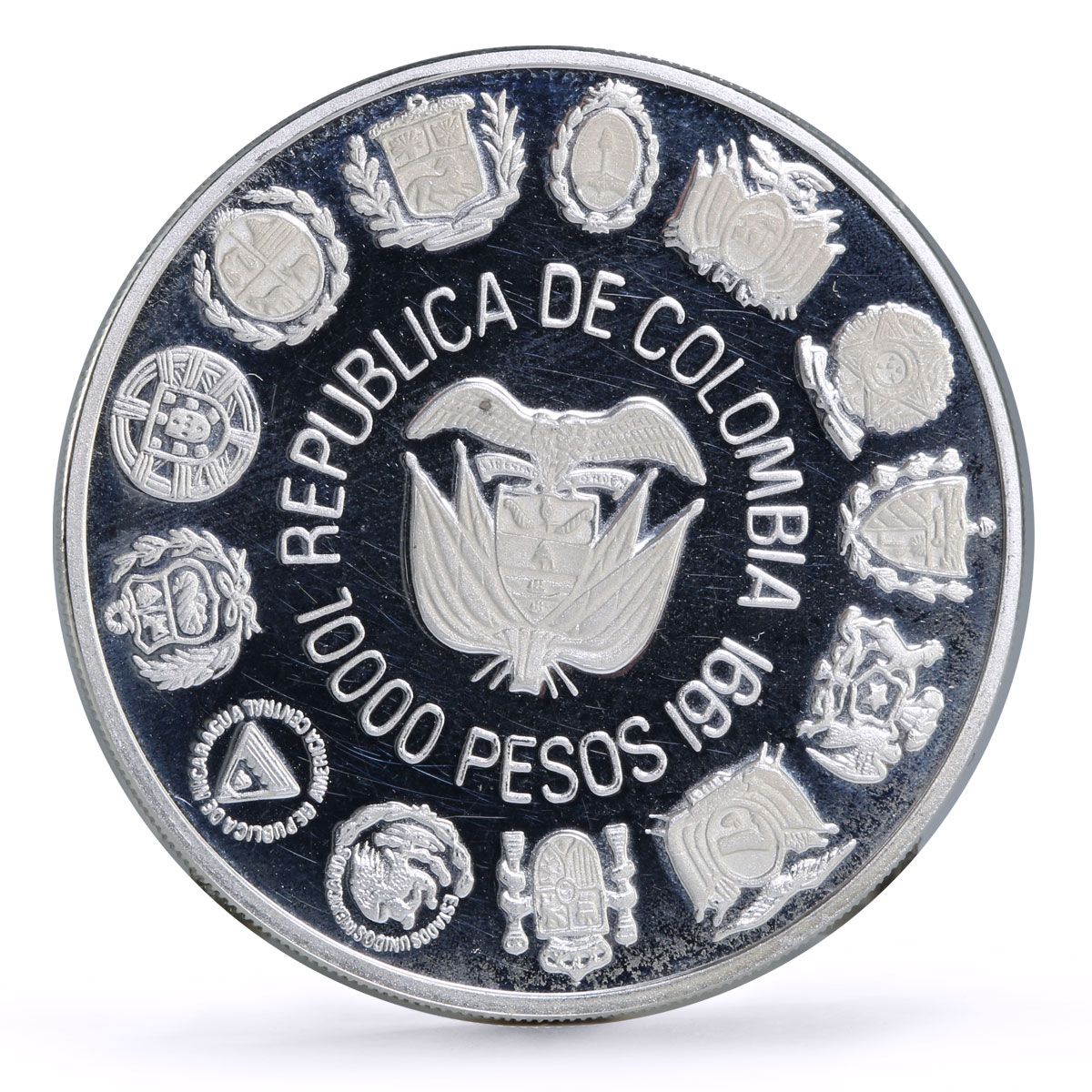 Colombia 10000 pesos Two Worlds Encounter Santa Fe Bogota Mint silver coin 1991 Colombia 10000 pesos Two Worlds Encounter Santa Fe Bogota Mint silver coin 1991
