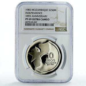 Mozambique 250 meticais Independence 10th Anniversary PF69 NGC silver coin 1985