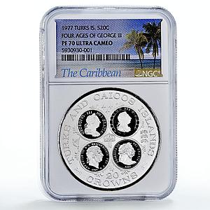 Turks and Caicos Islands 20 crowns King George III PF70 NGC silver coin 1977