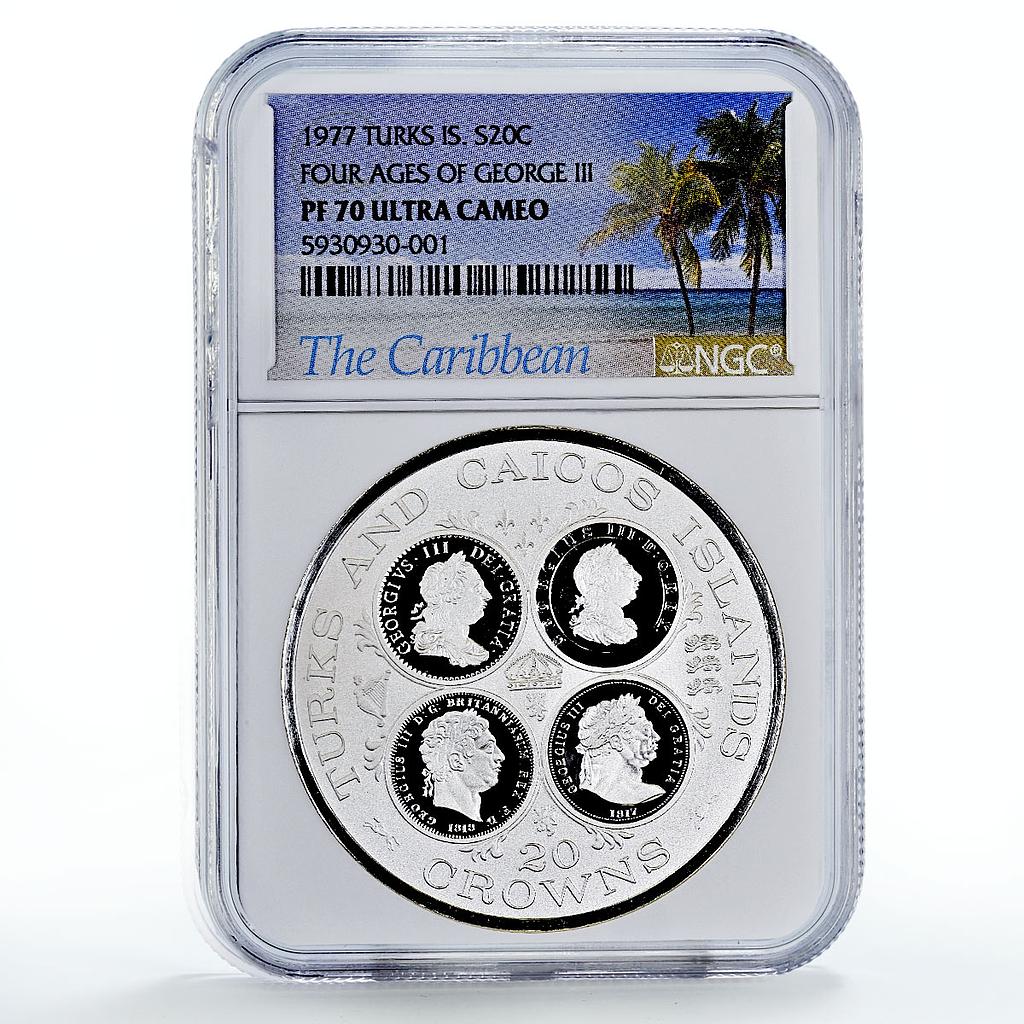 Turks and Caicos Islands 20 crowns King George III PF70 NGC silver coin 1977