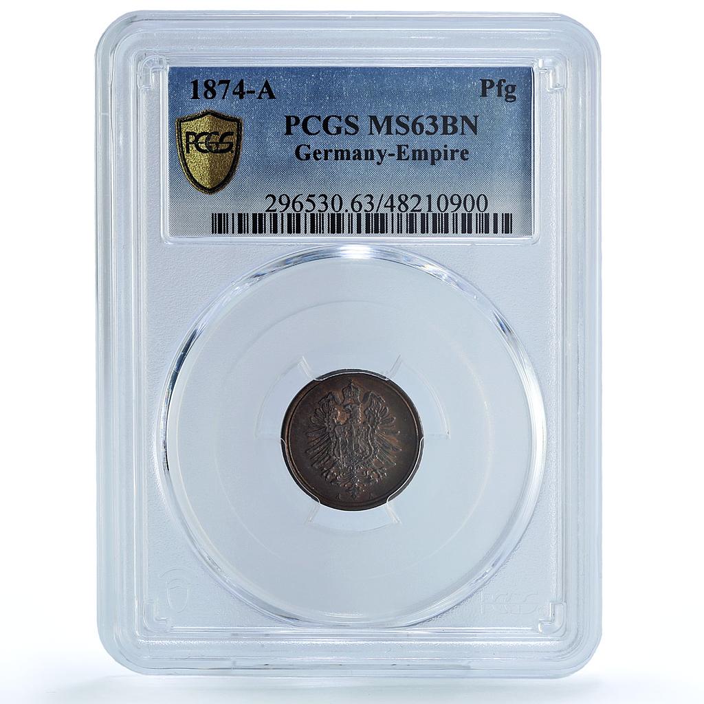 Germany Empire 1 pfennig Wilhelm I Coinage KM-1 MS63 PCGS copper coin 1874 A Germany Empire 1 pfennig Wilhelm I Coinage KM-1 MS63 PCGS copper coin 1874 A