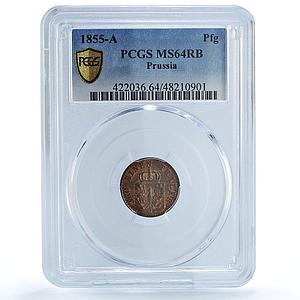 Germany Prussia 1 pfennig Wilhelm IV Coinage KM-451 MS64 PCGS copper coin 1855 A