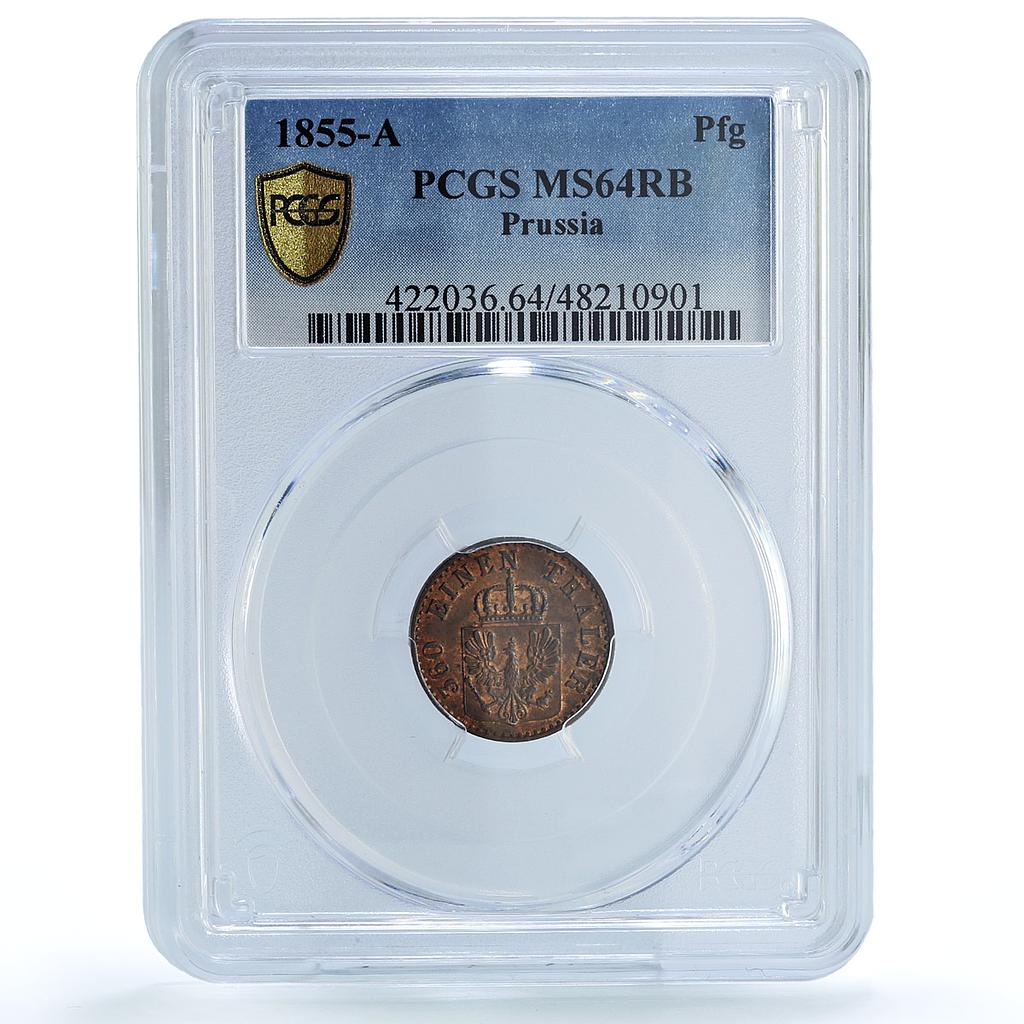 Germany Prussia 1 pfennig Wilhelm IV Coinage KM-451 MS64 PCGS copper coin 1855 A Germany Prussia 1 pfennig Wilhelm IV Coinage KM-451 MS64 PCGS copper coin 1855 A
