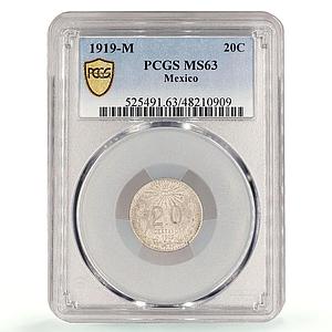 Mexico 20 centavos Independence Libertad Cap KM-436 MS63 PCGS silver coin 1919