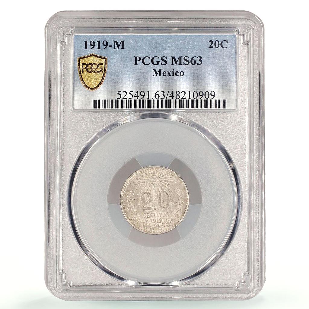Mexico 20 centavos Independence Libertad Cap KM-436 MS63 PCGS silver coin 1919