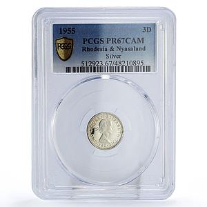 Rhodesia Nyasaland 3 pence Regular Coinage Flower PR67 PCGS silver coin 1955