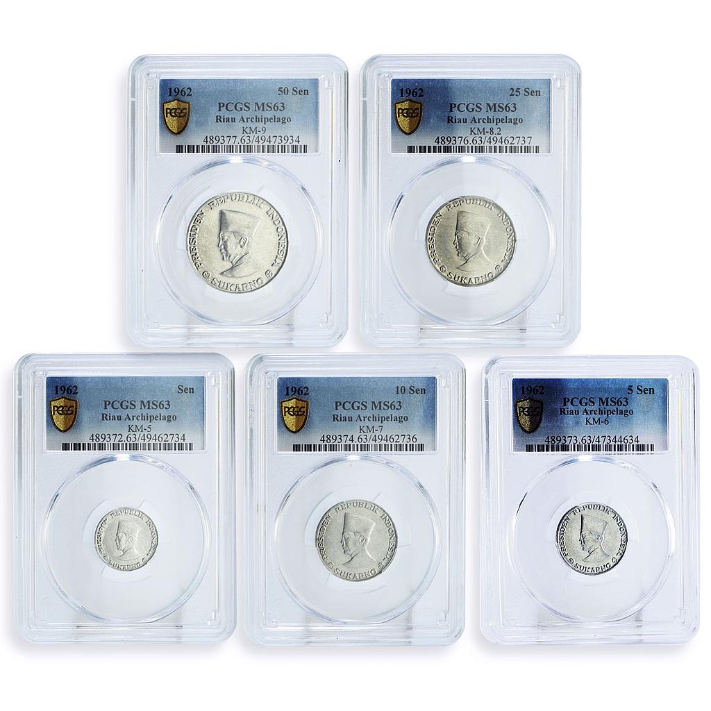 Indonesia Riau Arch. 1 5 10 25 50 sen Set Sukarno MS63 PCGS aluminum coins 1962