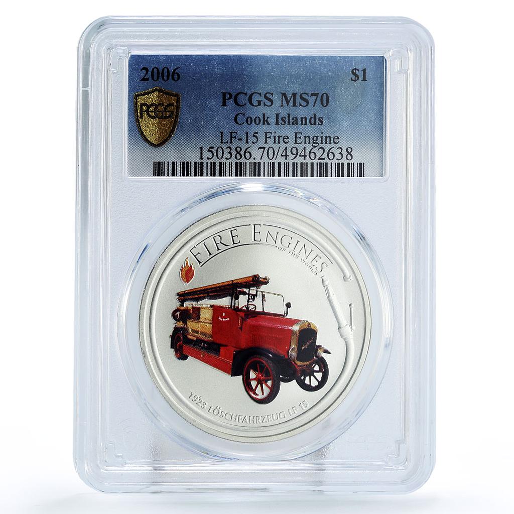 Cook Islands 1 dollar Fire Engines Cars LF 15 MS70 PCGS silver coin 2006