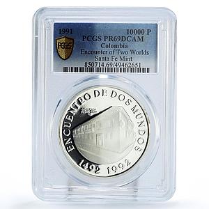 Colombia 10000 pesos Two Worlds Encounter Santa Fe Bogota PR69 PCGS Ag coin 1991