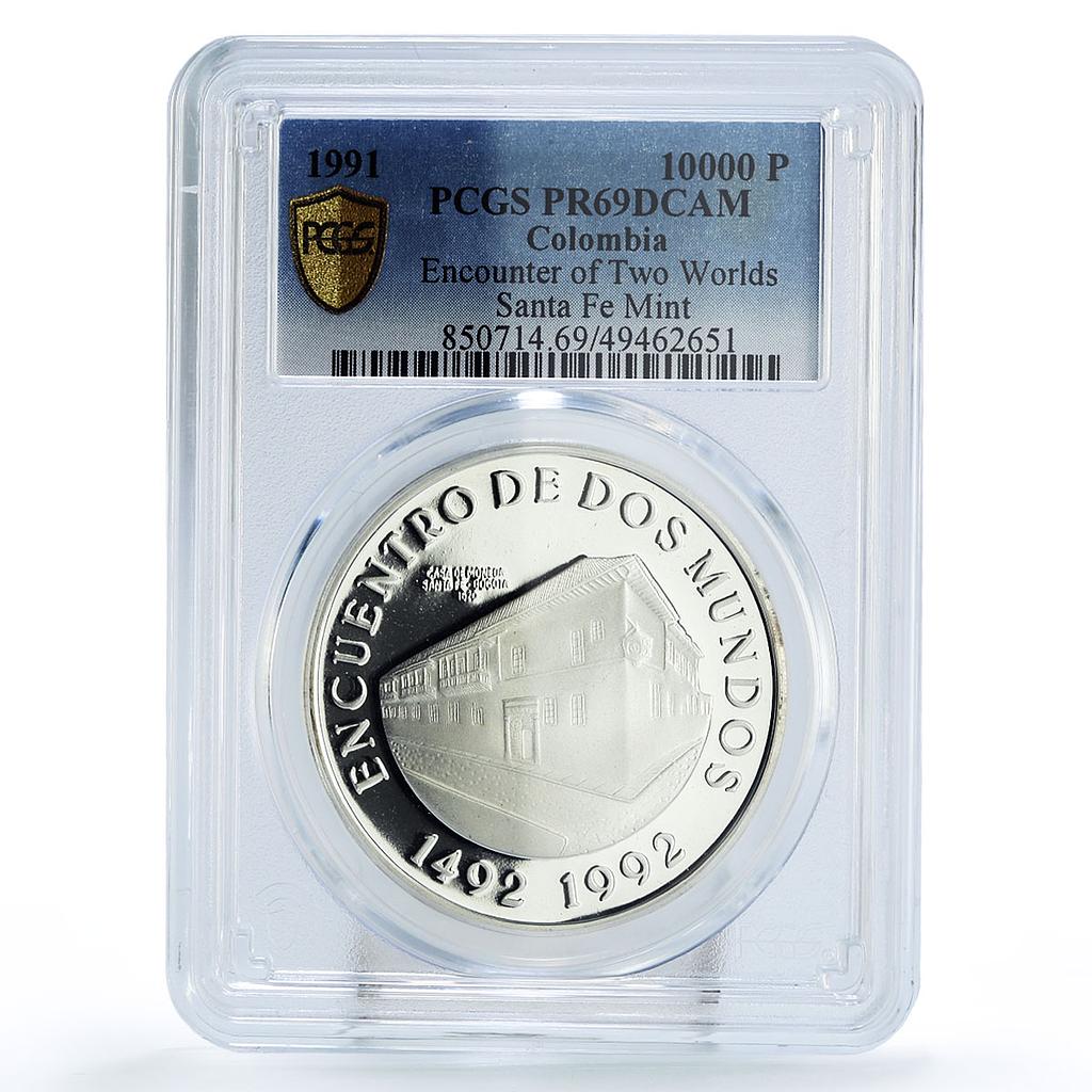 Colombia 10000 pesos Two Worlds Encounter Santa Fe Bogota PR69 PCGS Ag coin 1991