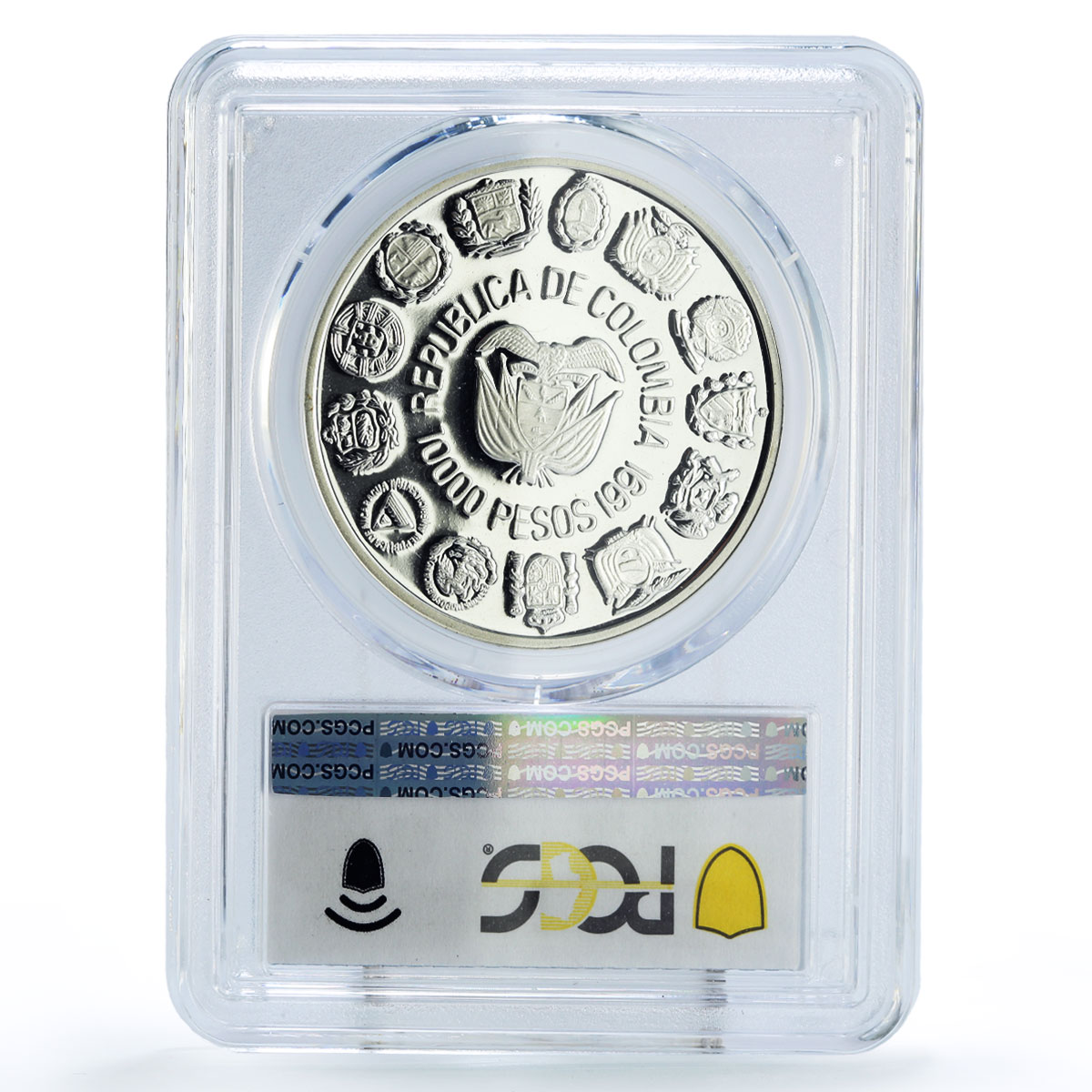 Colombia 10000 pesos Two Worlds Encounter Santa Fe Bogota PR69 PCGS Ag coin 1991