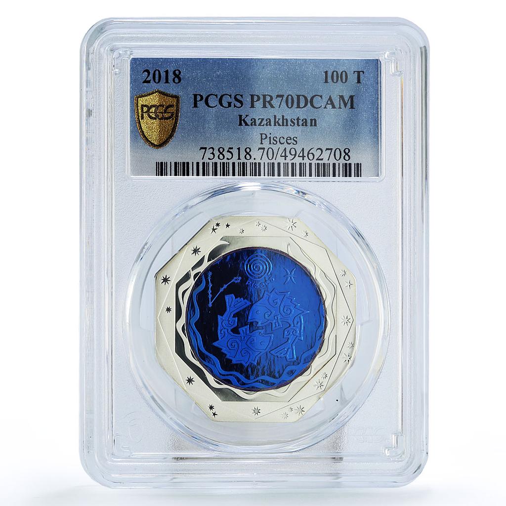 Kazakhstan 100 tenge Zodiac Signs Series Pisces PR70 PCGS bimetal AgTa coin 2018