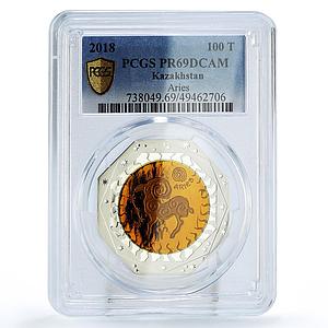 Kazakhstan 100 tenge Zodiac Signs Series Aries PR69 PCGS bimetal AgTa coin 2018