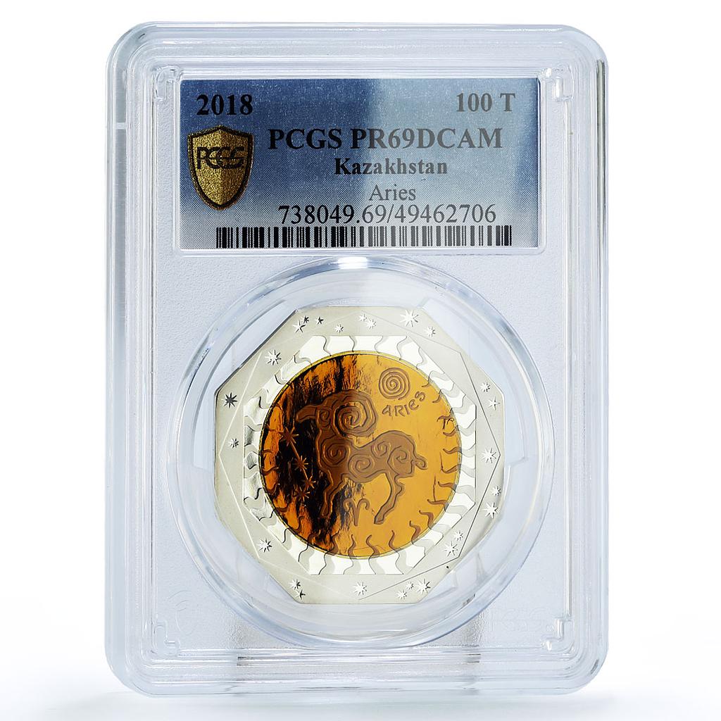 Kazakhstan 100 tenge Zodiac Signs Series Aries PR69 PCGS bimetal AgTa coin 2018