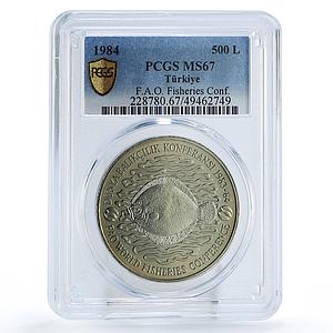 Turkey 500 lira FAO World Food Day Fisheries Conference MS67 PCGS Ni coin 1984