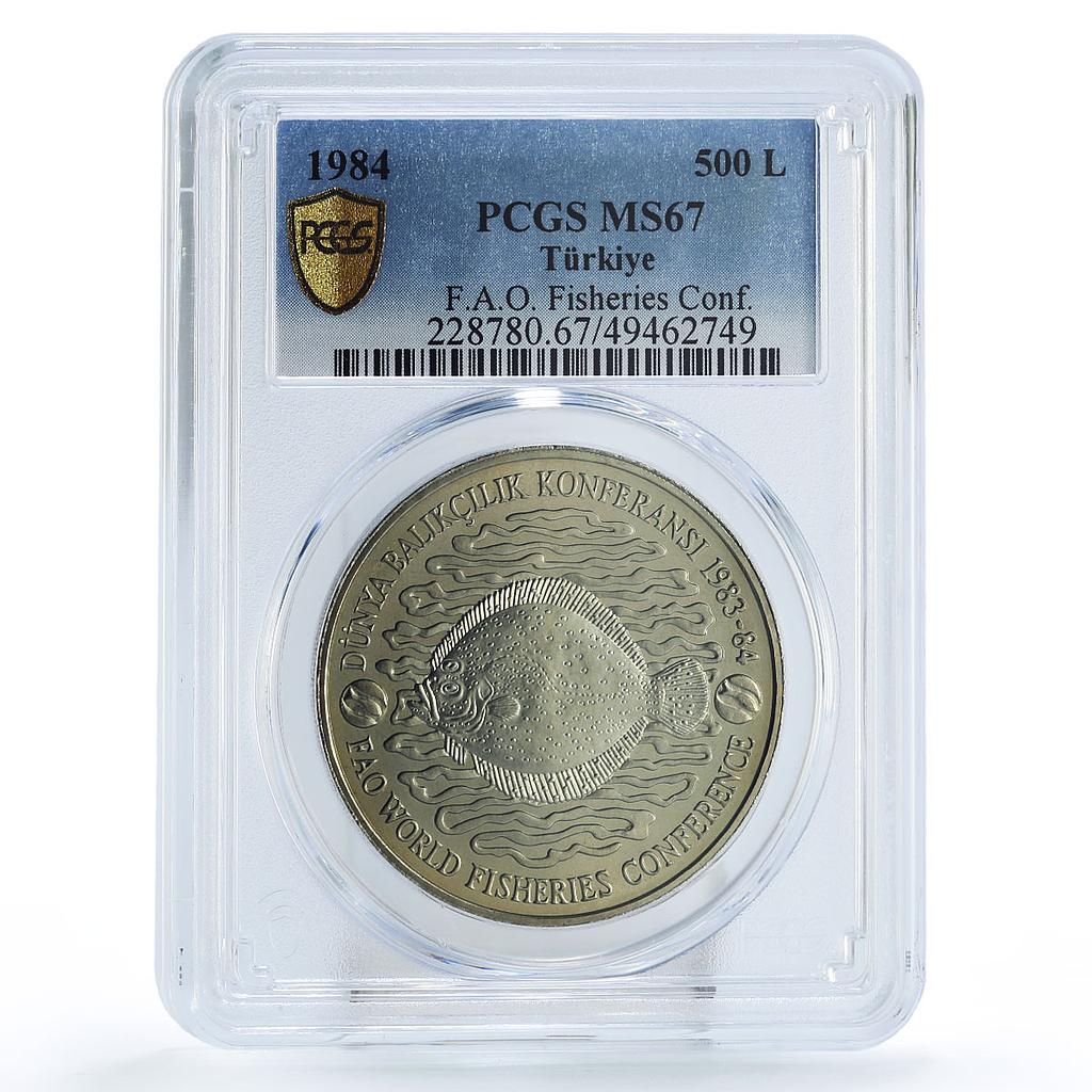 Turkey 500 lira FAO World Food Day Fisheries Conference MS67 PCGS Ni coin 1984