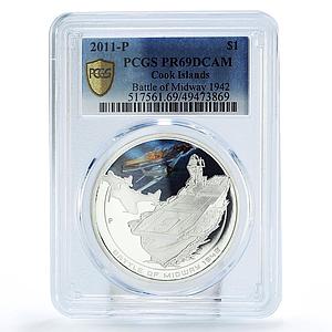 Cook Islands 1 dollar Midway Battle Aircraft Ship Plane PR69 PCGS Ag coin 2011