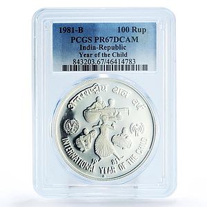 India 100 rupees UNICEF Save the Children Child Year PR67 PCGS silver coin 1981