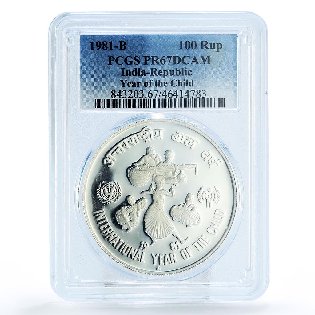 India 100 rupees UNICEF Save the Children Child Year PR67 PCGS silver coin 1981
