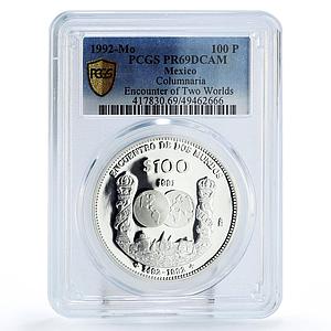 Mexico 100 pesos Two Worlds Encounter Ships Pillars PR69 PCGS silver coin 1991
