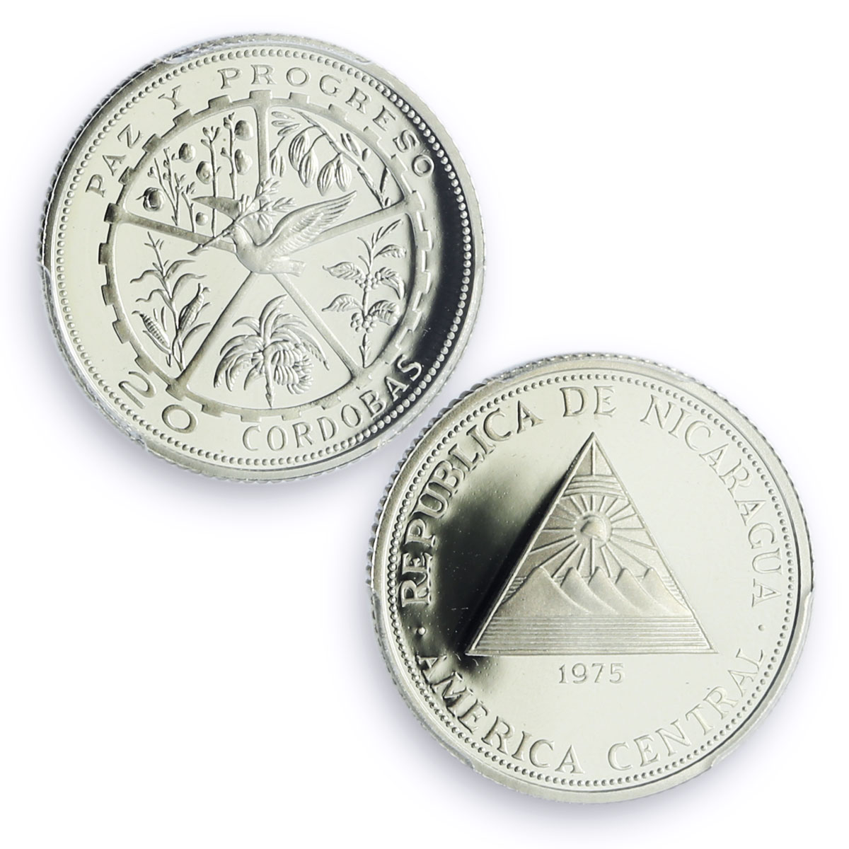 Nicaragua 20 cordobas Earthquake Peace Progress Bird PR69 PCGS silver coin 1975