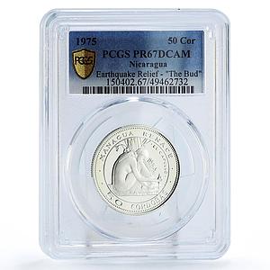 Nicaragua 50 cordobas Earthquake Bud El Capullo Art PR67 PCGS silver coin 1975