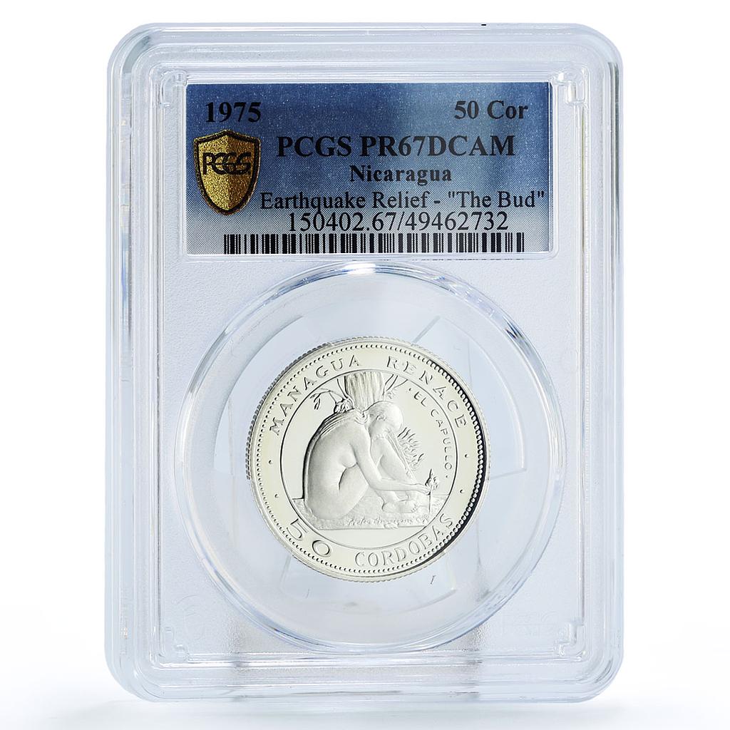 Nicaragua 50 cordobas Earthquake Bud El Capullo Art PR67 PCGS silver coin 1975