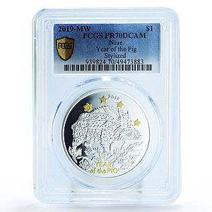 Niue 1 dollar Lunar Calendar Year of the Pig Gilt PR70 PCGS silver coin 2019